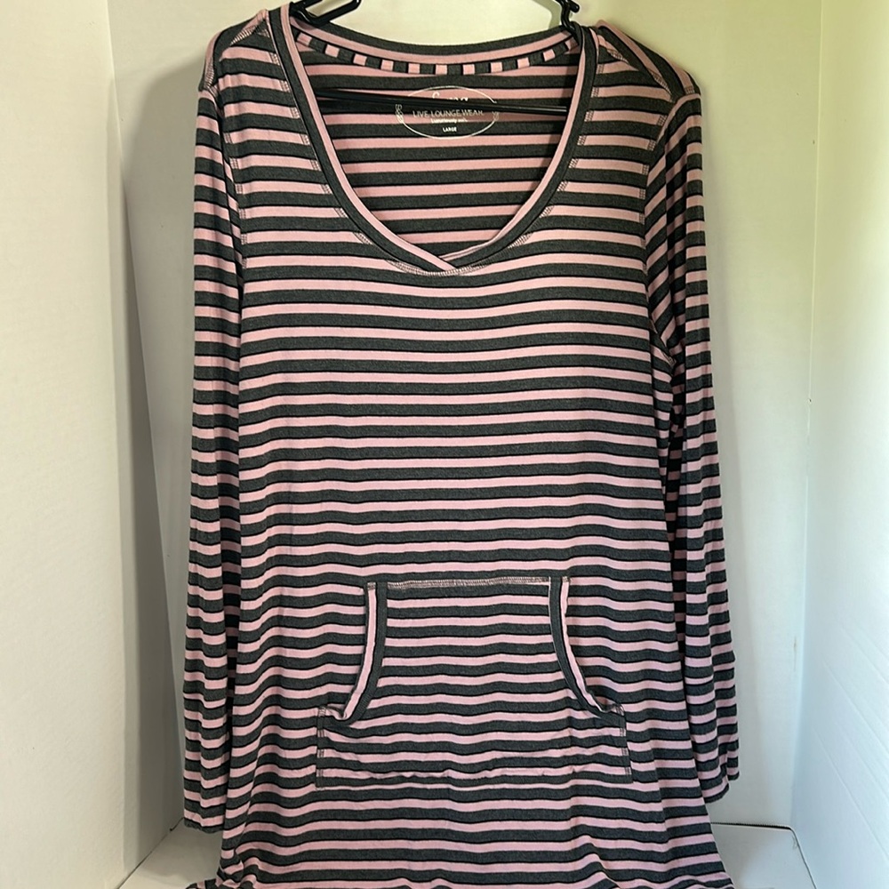 Soma live lounge wear striped pink & gray tunic top size large kangaroo pocket